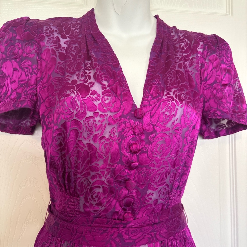 Vintage Betsy Johnson Purple Velvet Sheer Rose Cap Sleeve Dress Sz 8 NTW *defect